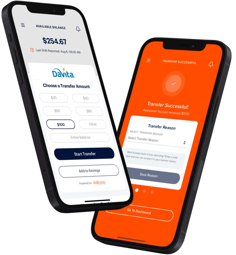 Two smartphones display screens of a mobile banking app. The screen on the left shows a balance and transfer options. The screen on the right shows a successful transfer confirmation.