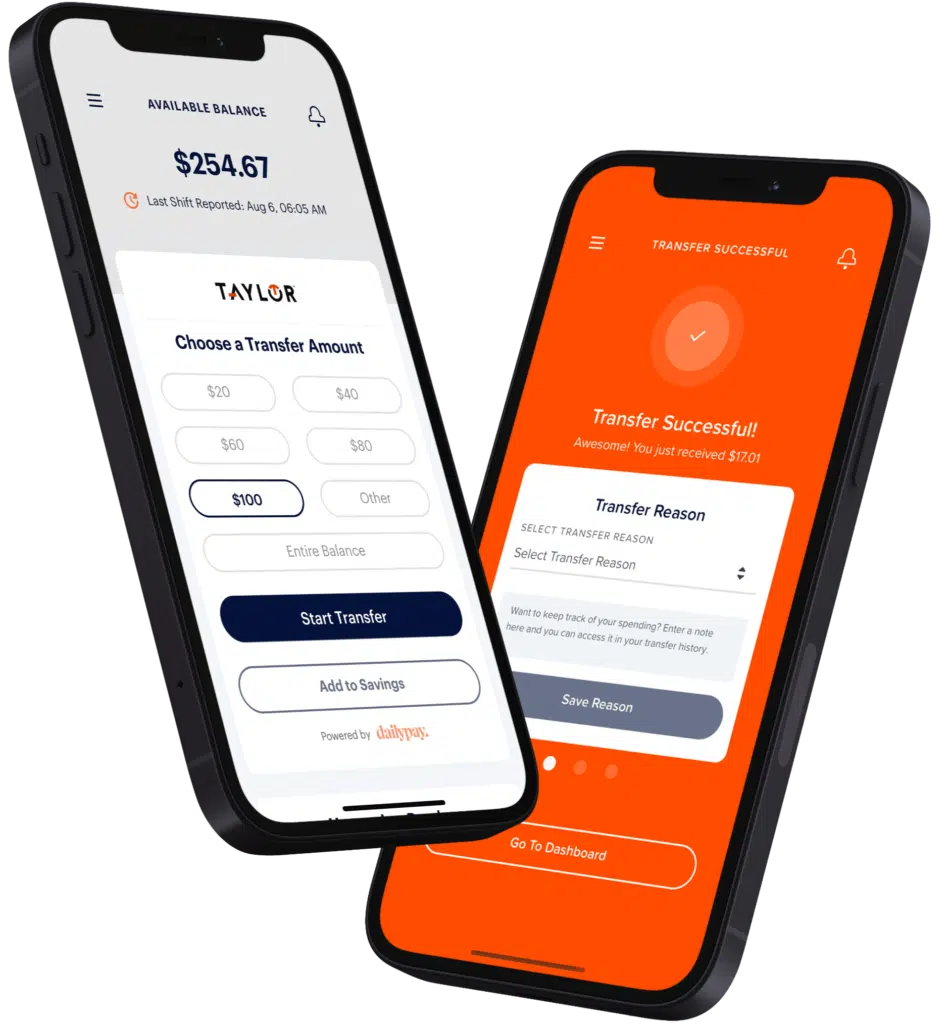 Two phones display a banking app. The left phone shows an account balance of $254.67 and transfer options. The right phone shows a successful transfer confirmation of $710.11.
