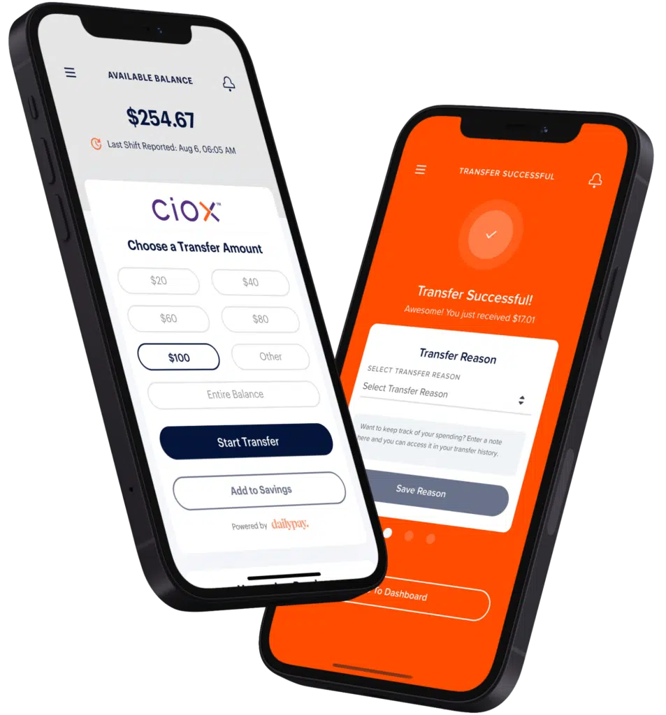 Two smartphones display a financial app. The left screen shows transfer options and the right screen confirms a successful transfer of $17.01.