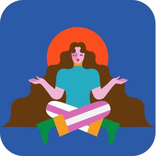 Illustration of a person meditating while seated cross-legged against a blue background, with a large red sun behind them. The individual has long brown hair and is wearing a blue shirt and striped pants.