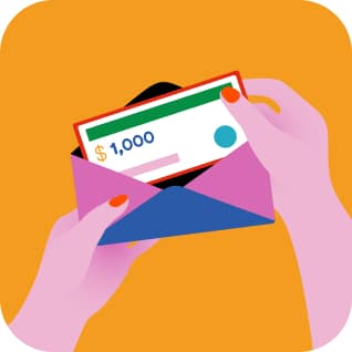 Illustration of hands holding an envelope with a check for $1,000 against an orange background.