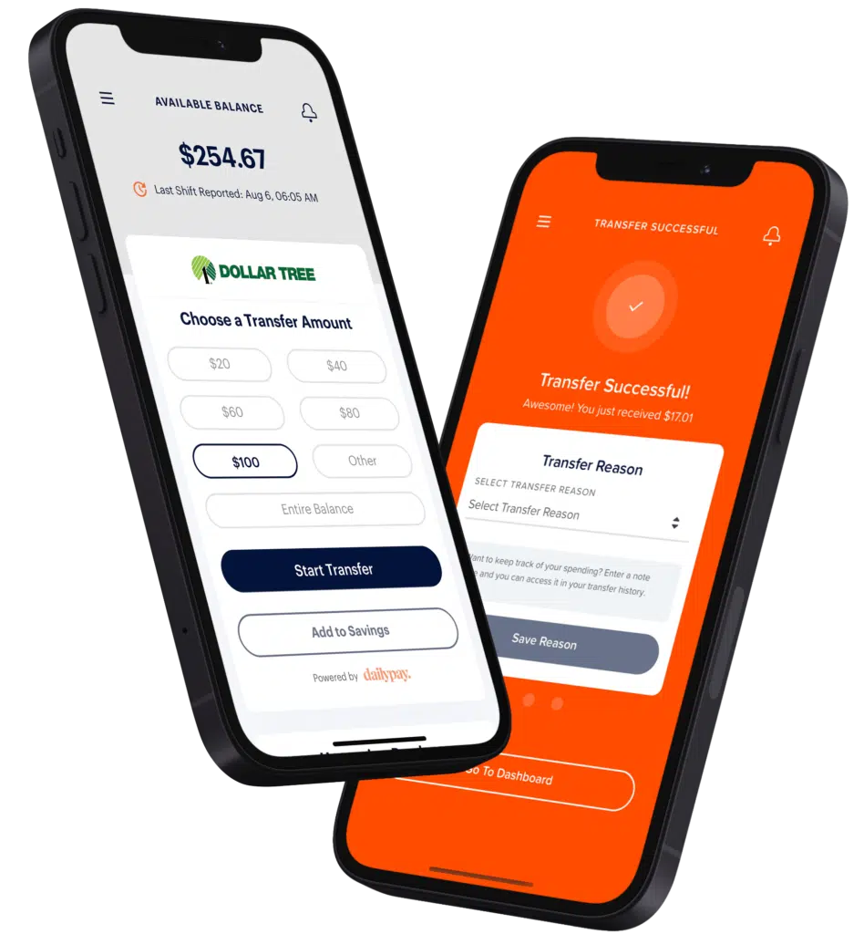 Two smartphones display a mobile banking app. One shows a balance of $254.67 with transfer options, the other confirms a successful transfer of $7.01.