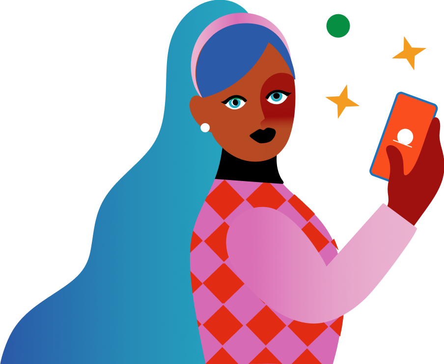 Illustration of a person with blue hair holding a smartphone, wearing a red and pink checkered sweater, against a blue background.