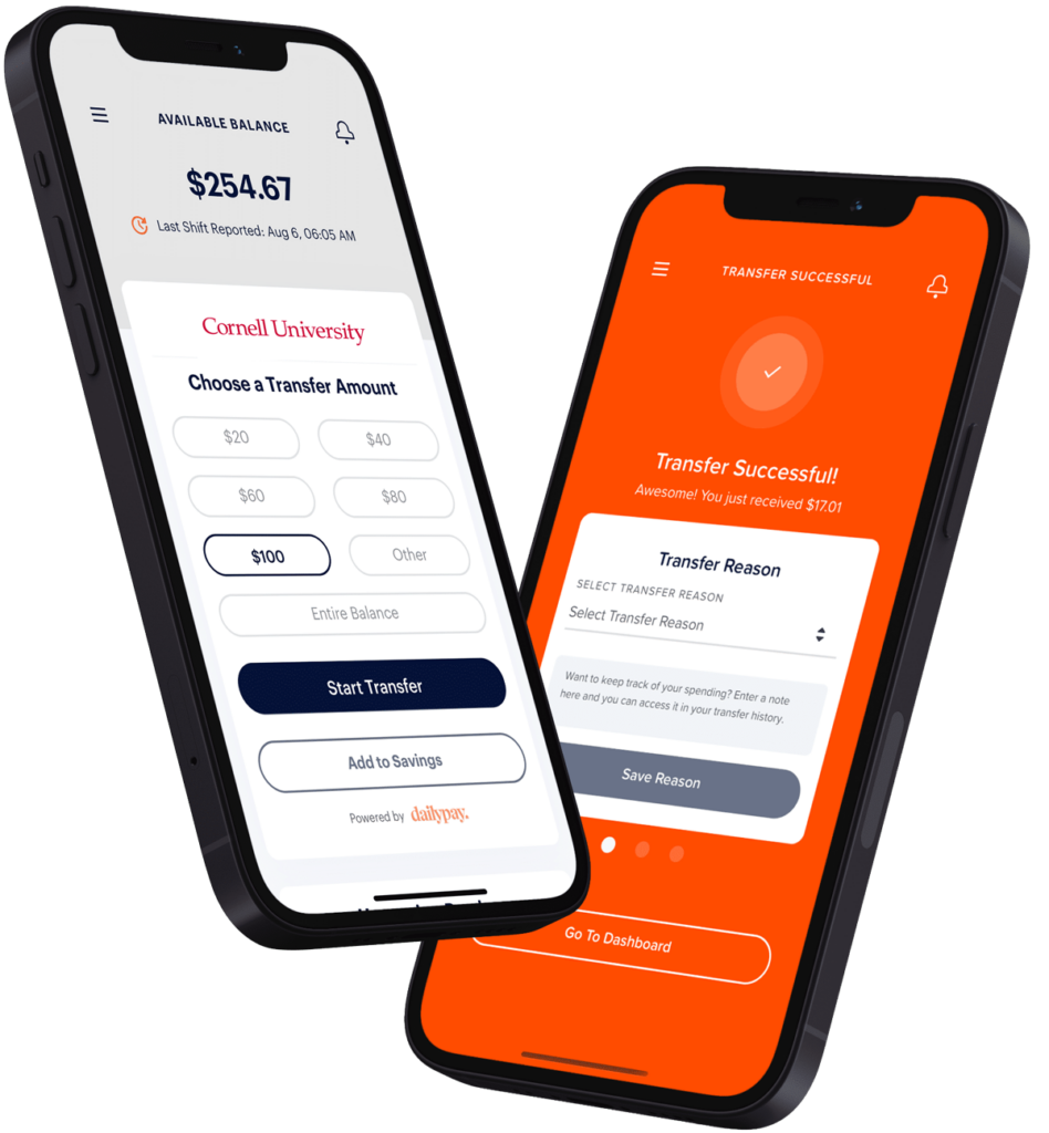 Two smartphones display a mobile banking app. The left screen shows account balance and transfer options, and the right screen shows a successful transfer confirmation with amount and reason.