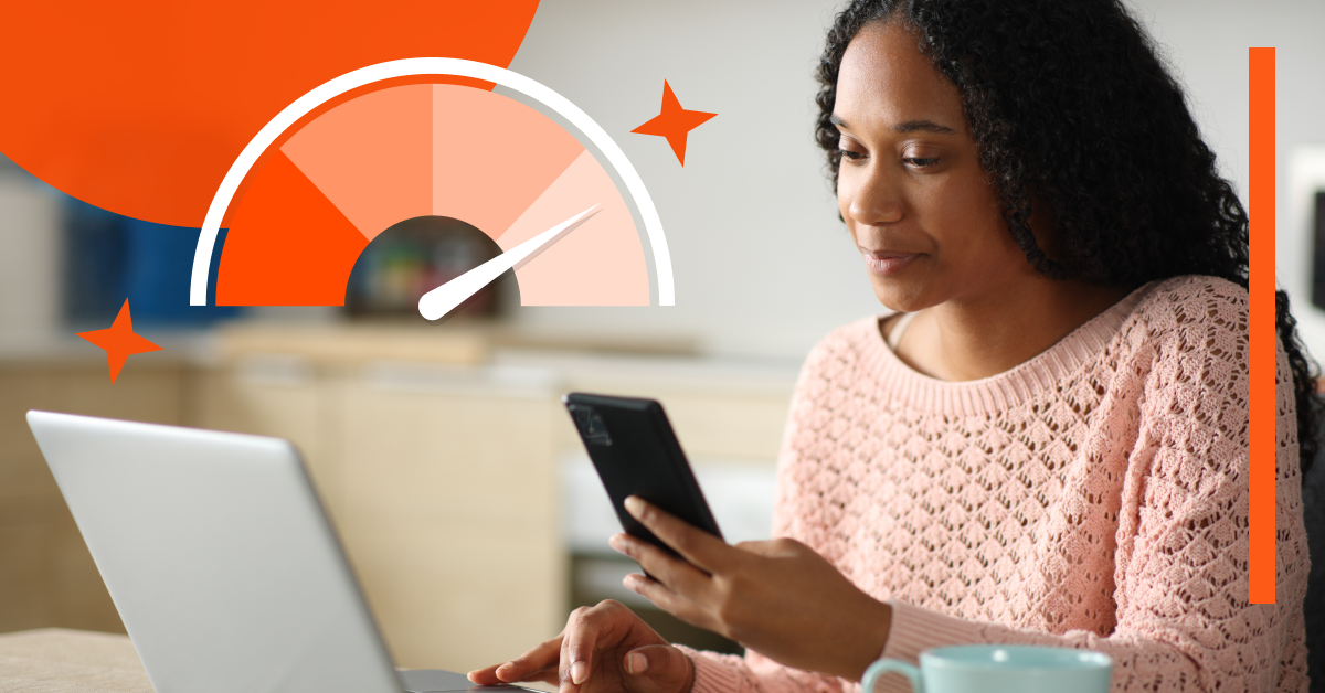 Woman using a smartphone and laptop at a table, with a graphic of a speedometer and orange accents in the background.