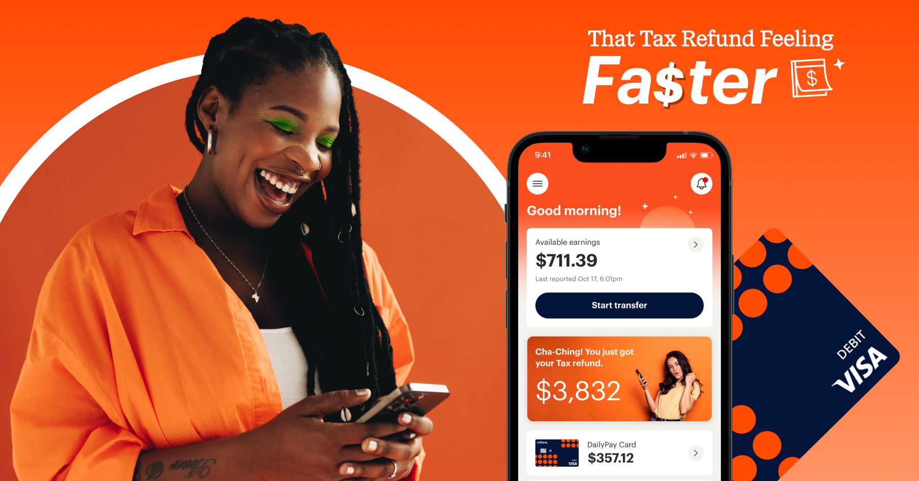 A woman smiles at her phone next to an image of a smartphone displaying a banking app, with a VISA debit card and the text "That Tax Refund Feeling Faster.