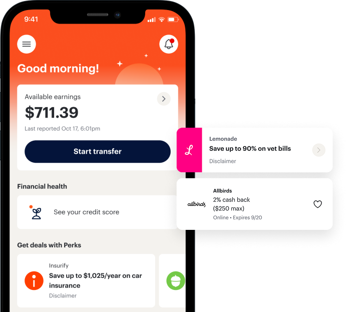 A smartphone screen displays a banking app showing available earnings of $711.39, transfer option, credit score check, and cashback offers from Lemonade and Allbirds.