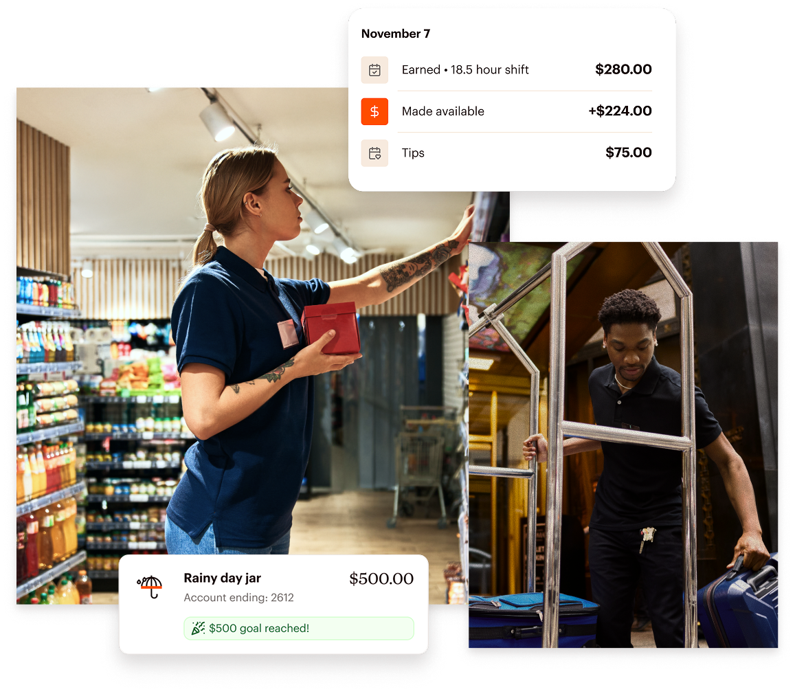 Two workers, one stocking shelves and one moving luggage, with overlay graphics showing earnings, tips, and a savings goal reached.