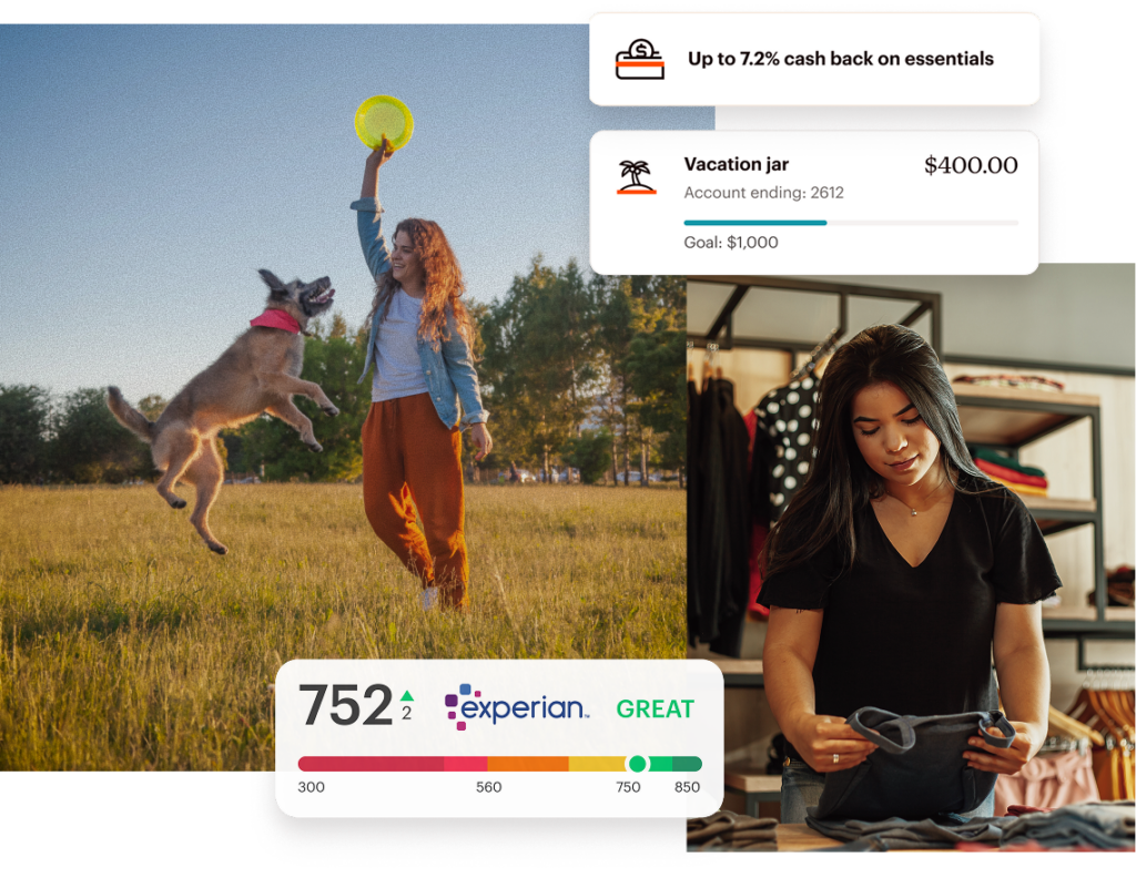 A woman plays fetch with a dog in a field, while another woman folds clothes. Overlays show a credit score, cash back offer, and a vacation savings account balance.